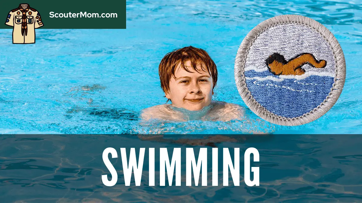 A young man swimming in a pool and an image of the Swimming merit badge emblem.