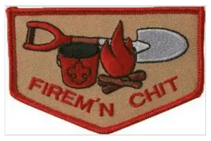 The Scouts BSA Firem'n Chit emblem, which shows a shovel, bucket, and campfire.